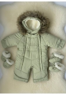 Детский комбинезон-трансформер на овчине олива «Короны»..