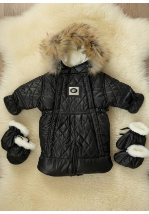 Детский комбинезон-трансформер на овчине черный стёганый