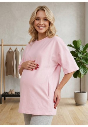 Футболка оверсайз из футера нежно-розовая для беременных и кормящих F-210
