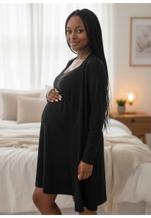 Комплект для роддома (халат + сорочка) "Мали" черный для беременных и кормящих 