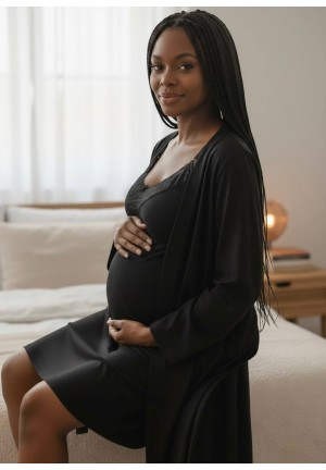 Комплект для роддома (халат + сорочка) "Мали" черный для беременных и кормящих 