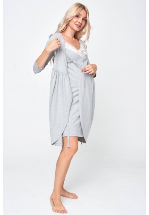 Комплект для роддома (халат + сорочка) "Лина" серый меланж для беременных и кормящих 