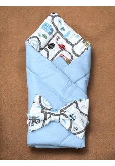 Одеяло детское с бантом на выписку голубой/машинки (O-205)..