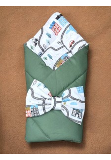 Одеяло детское с бантом на выписку зеленое/машинки (O-206)..