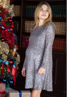 Платье серо-бежевое с пайетками для беременных..