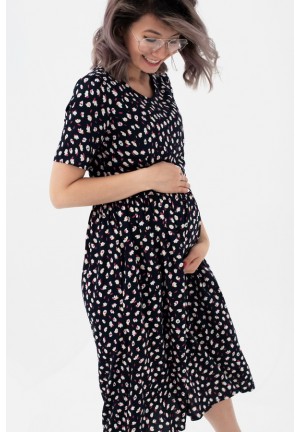 Платье темно-синее с цветочным принтом для беременных и кормящих