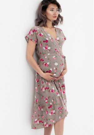 Платье на запах бежевое/цветы для беременных и кормящих